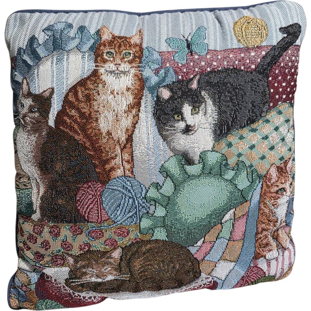 Vintage Cat Tapestry Throw Pillow 16x16 Kitty Cats Yarn Cottagecore Cushion